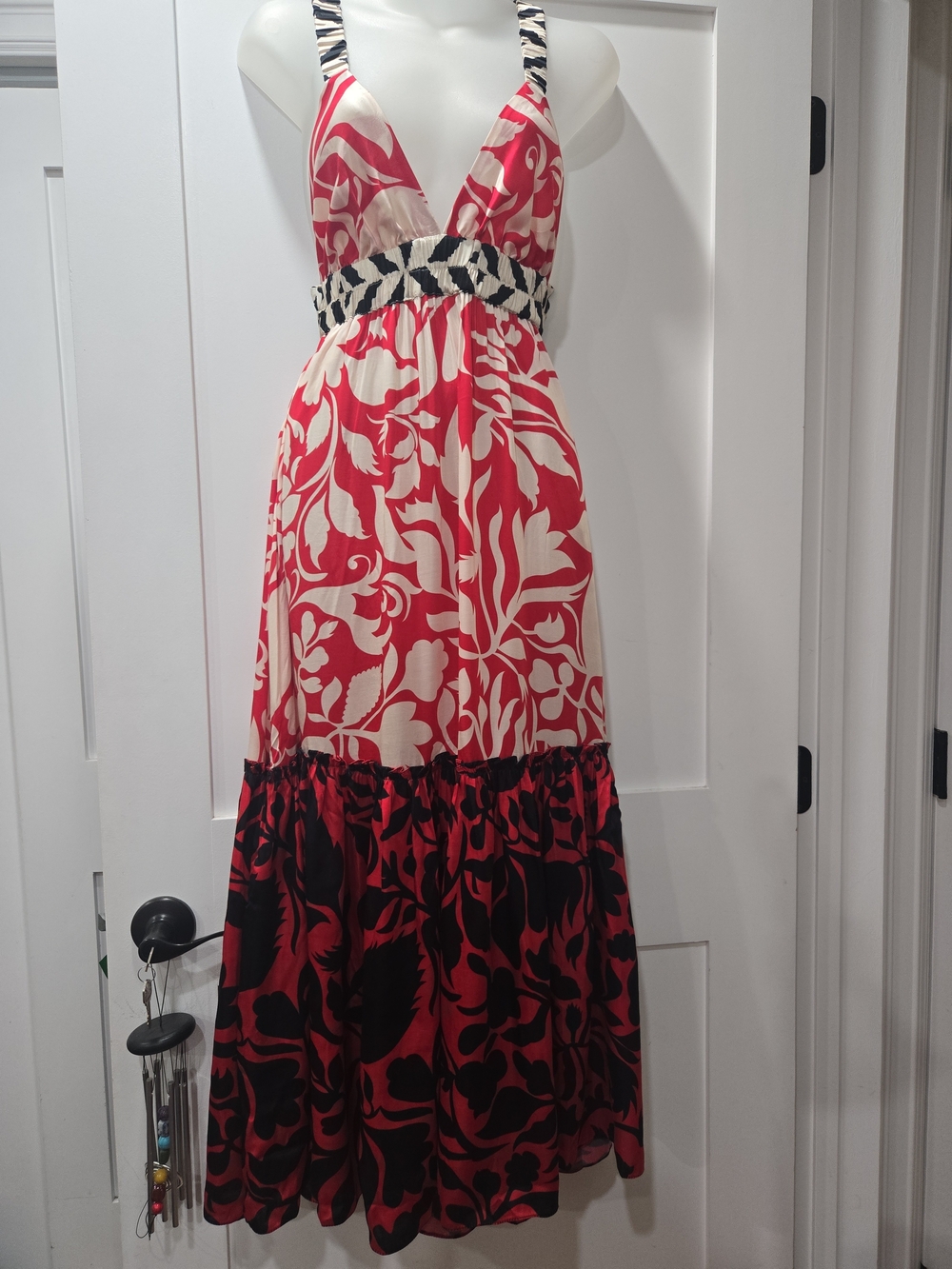 Ranna Gill Red, Cream and Black Open Back Maxi Dress, Small, NWT